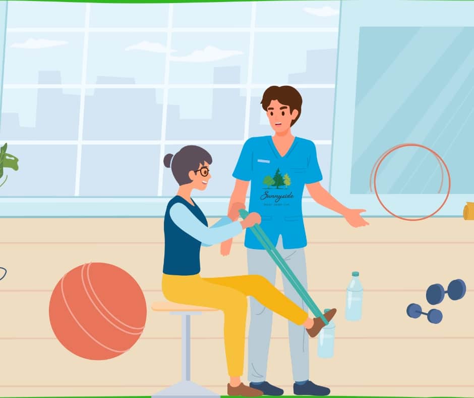 An illustrated older woman performs a leg exercise using a resistance band while seated on a stool. A male therapist wearing a blue "Sunnyside" shirt stands beside her, offering support and guidance. The background is a bright green color.