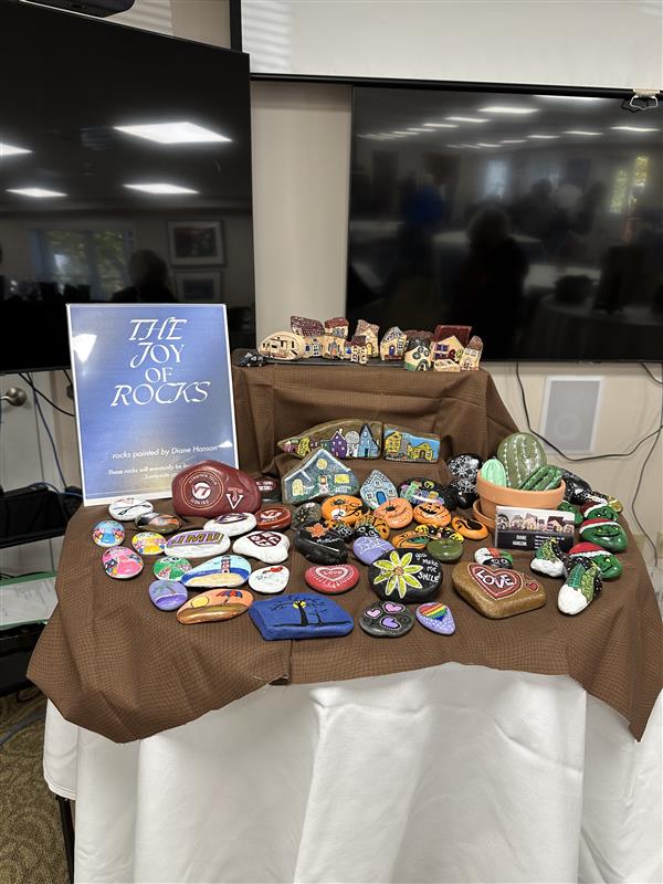 A colorful display titled “The Joy of Rocks” featuring hand-painted stones with designs of flowers, houses, and university logos.