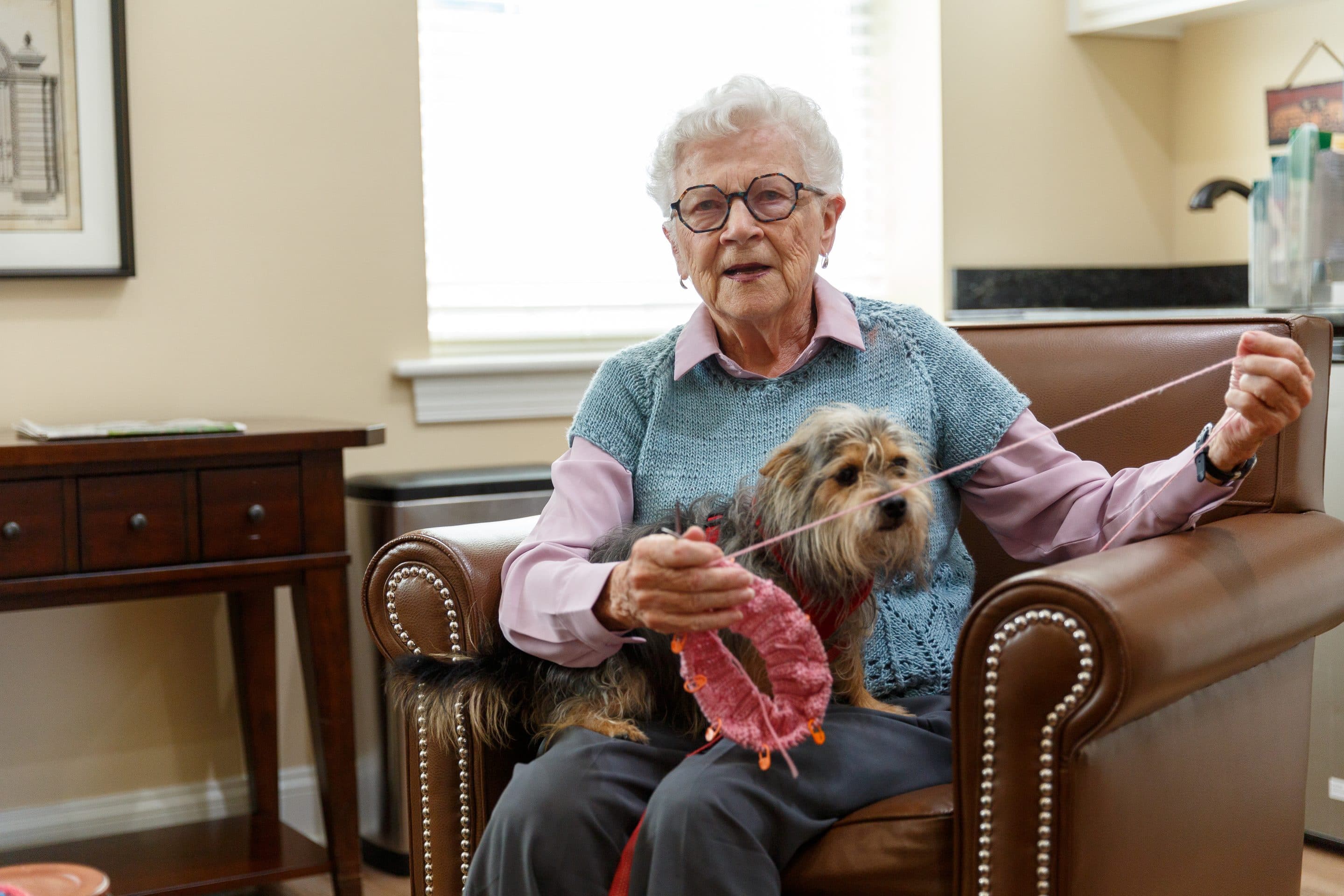 summit square summer2025 187 Elderly woman knitting while sitting in a chair with a small dog on her lap in a cozy living space.